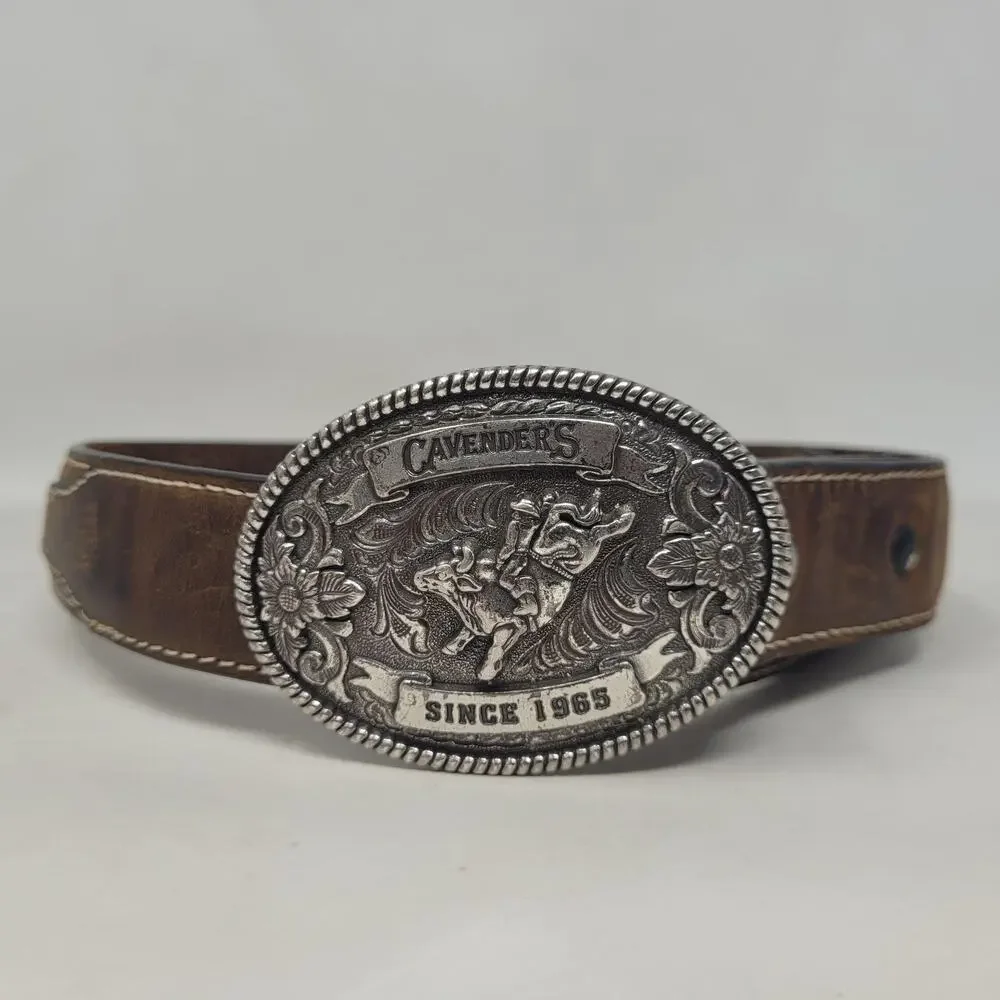 Cavender's Belt Boy 22 Brown Leather Oval Rodeo Buckle Western Cowboy Floral